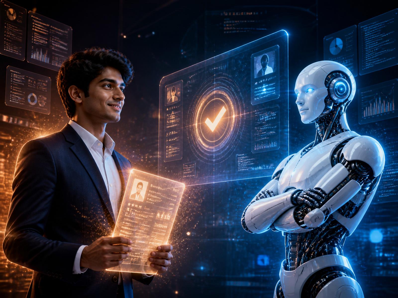 A prepared graduate and an advanced AI humanoid interviewing for the same role — the graduate is selected.